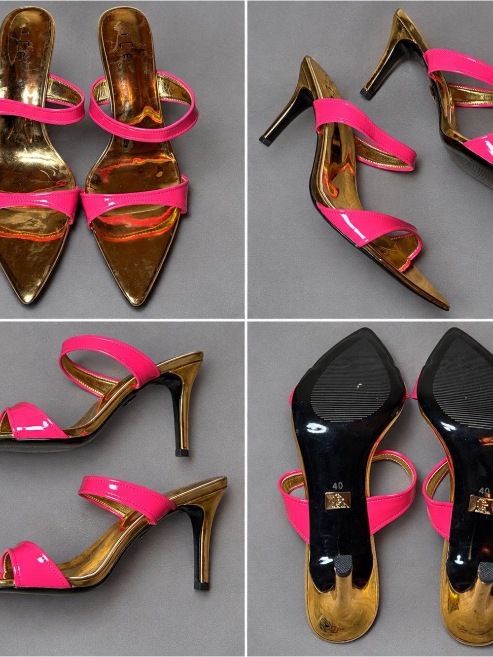 Ice Hot Pink Patent Strap Heels with Gold Accents